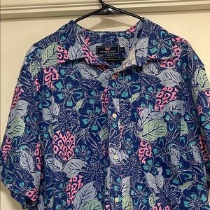 Vineyard Vines Navy Tropical Floral Button-Down Shirt with Pink & Teal Accents